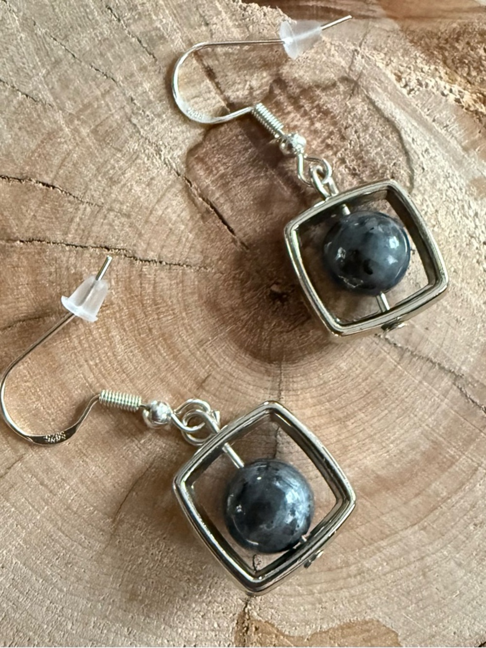 Grey Stone Orb Earrings‎ | Geometric Silver
Dangle | 925 Hooks - Picture 3 of 5